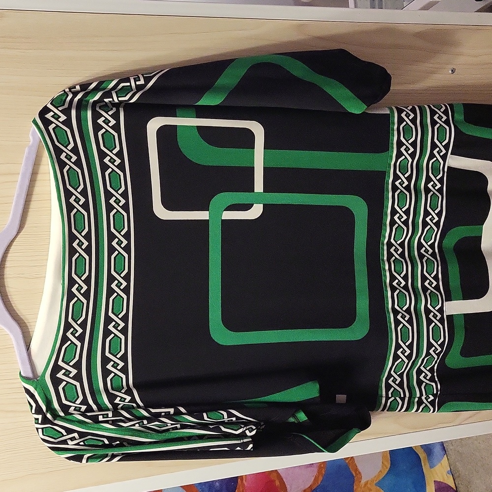 Sandra Darren Dress Black Green White Geometric Chain Design Dress - Sz 12
